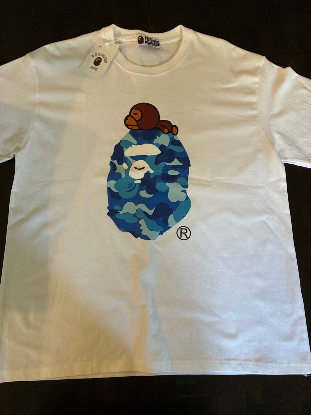 White Graphic Tee with Blue Camo Ape Logo